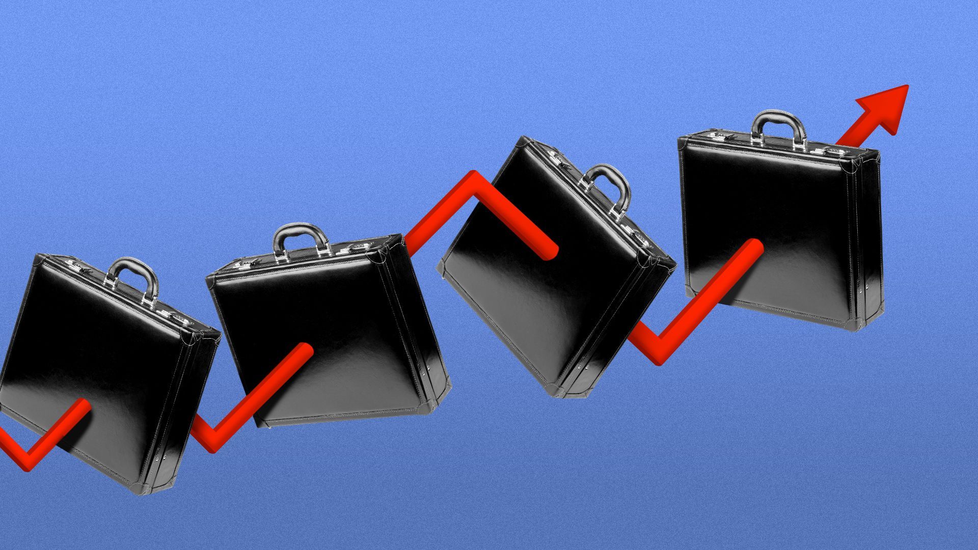 Illustration of briefcase being speared by an upward trending line.