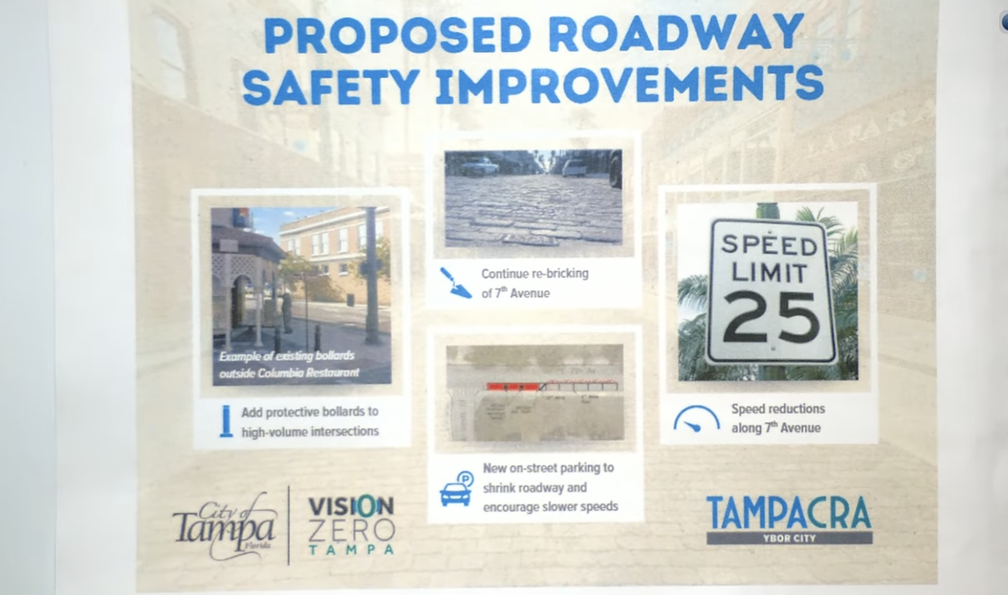 Proposed roadway safety improvements in Tampa include adding protective bollards, continuing re-bricking of 7th Avenue, new on-street parking to slow traffic, and reducing speed limit to 25 mph.