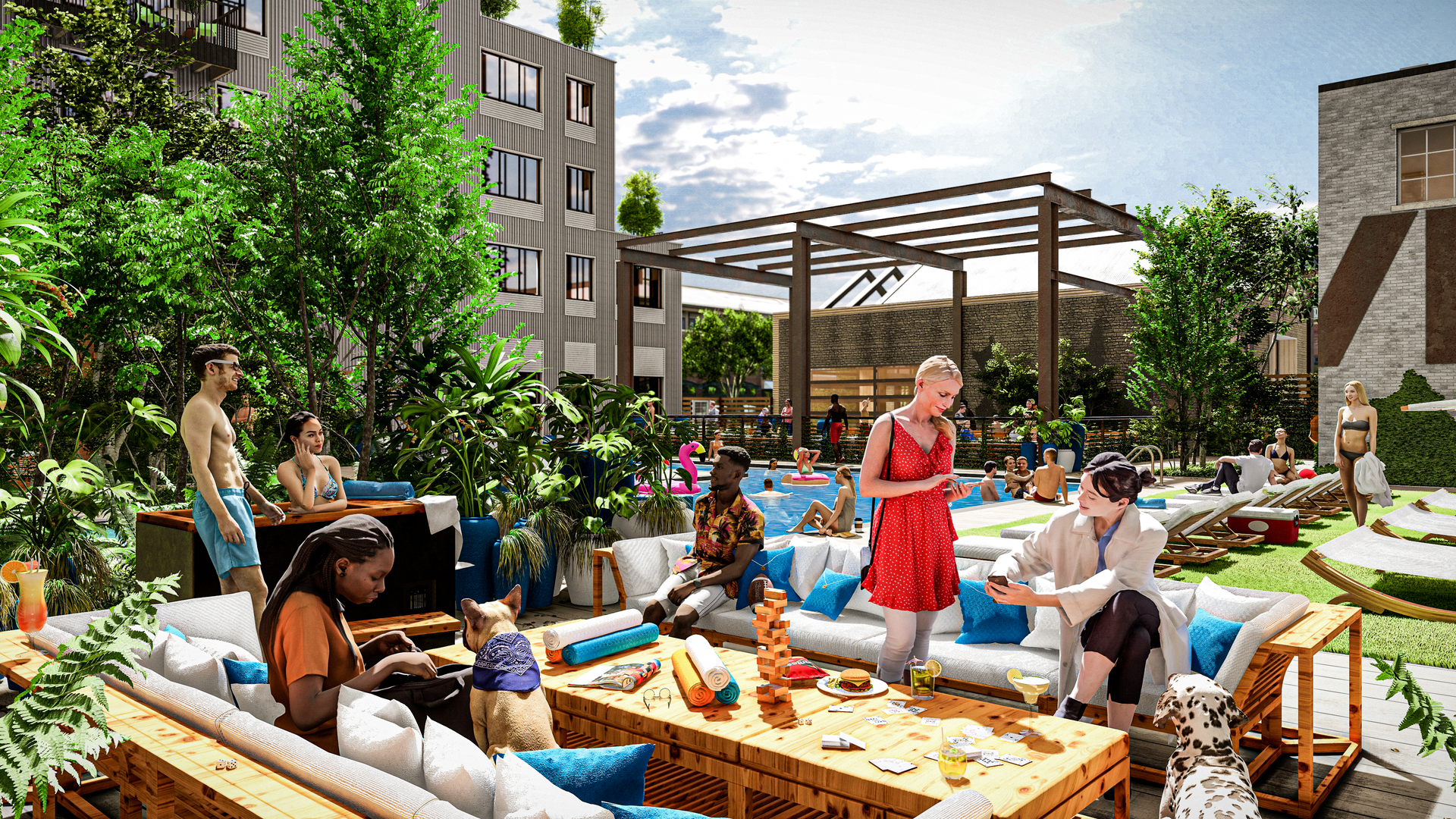 Gravity's planned outdoor spa pool, full of residents, in a rendering