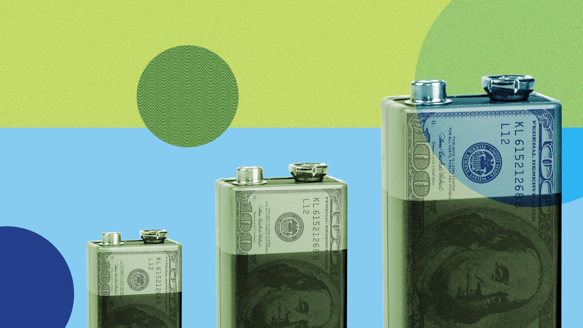 Illustration of three batteries increasing in size overlaid with money and surrounded by abstract shapes.