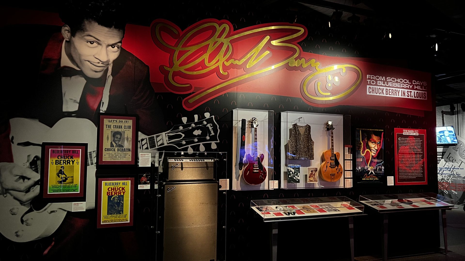 A look at a Chuck Berry exhibit with two guitars, an amplifier and numerous photos.