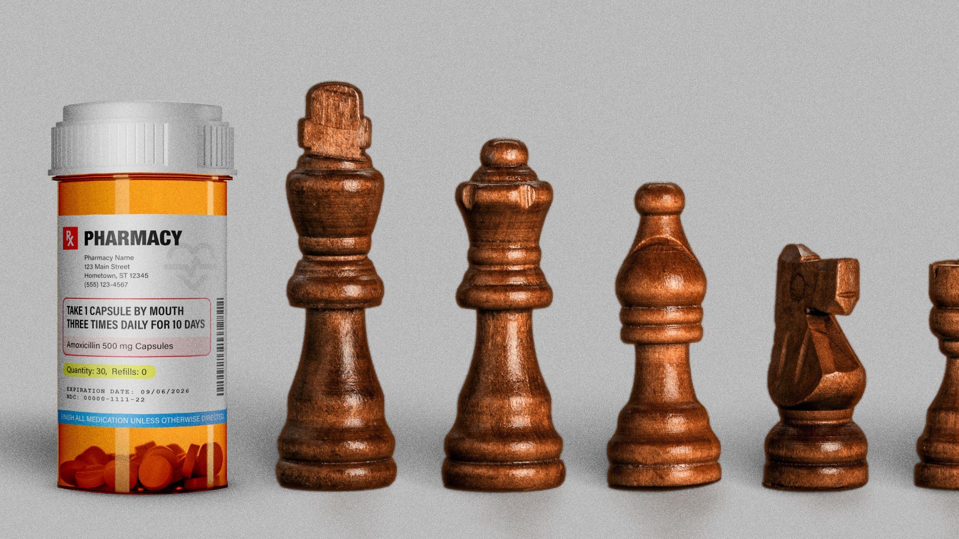 Illustration of a pill bottle lined up with various chess pieces. 