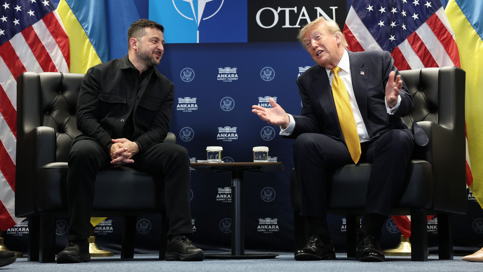 President Trump and Ukrainian President Volodymyr Zelensky meet during the NATO summit in Ankara, Turkey.