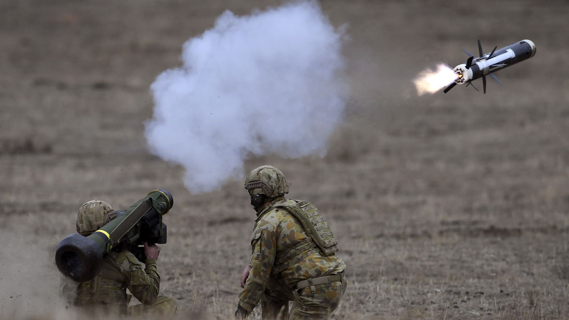 Australian Army soldiers fire a Javelin anti-tank missile during Excercise Chong Ju at the Puckapunyal Military Base some 100 kilometres north of Melbourne on May 9