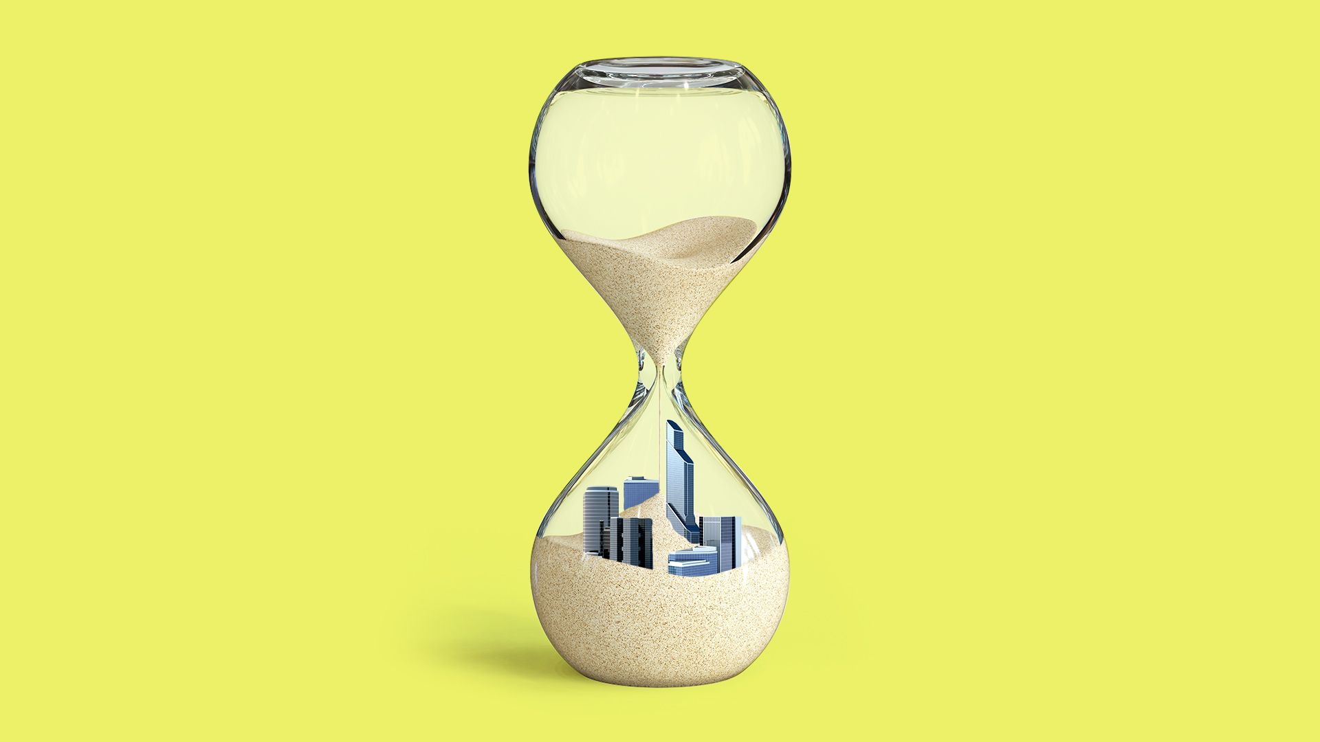 Illustration of a city in an hourglass with sand covering it.
