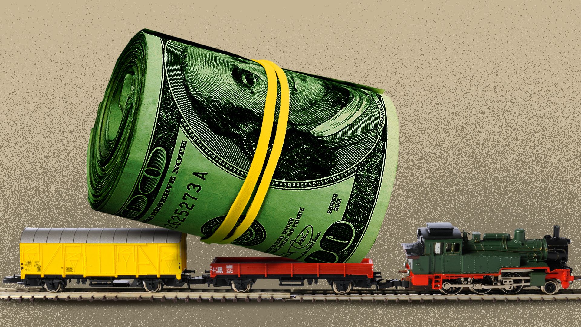 Illustration of a model train carrying a large wad of cash in the toy coal car. 