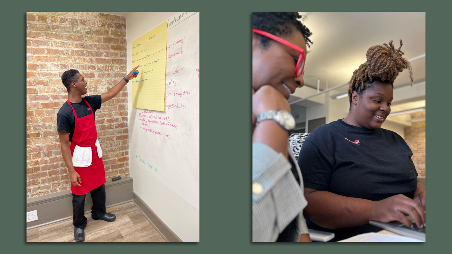 In a side-by-side pair of photos, a young person points to a poster on the wall while wearing a chef's apron, and on the right, a pair of young people smile while working together on a computer.
