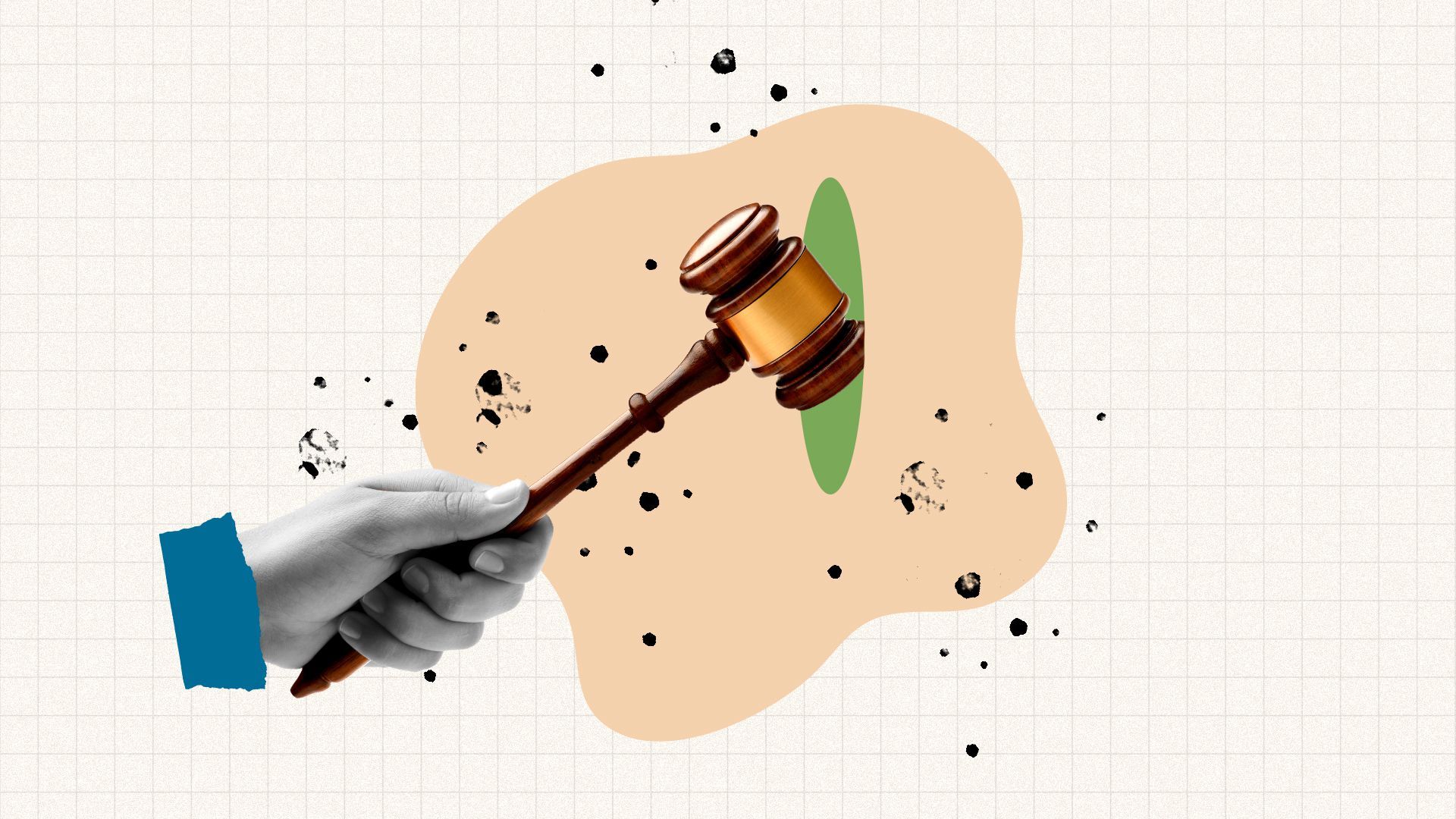 Illustrated collage of a hand holding a gavel surrounded by abstract shapes. 