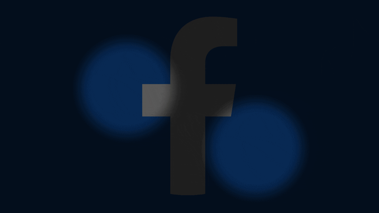 Animated illustration of spotlights moving around to reveal pieces of the Facebook logo