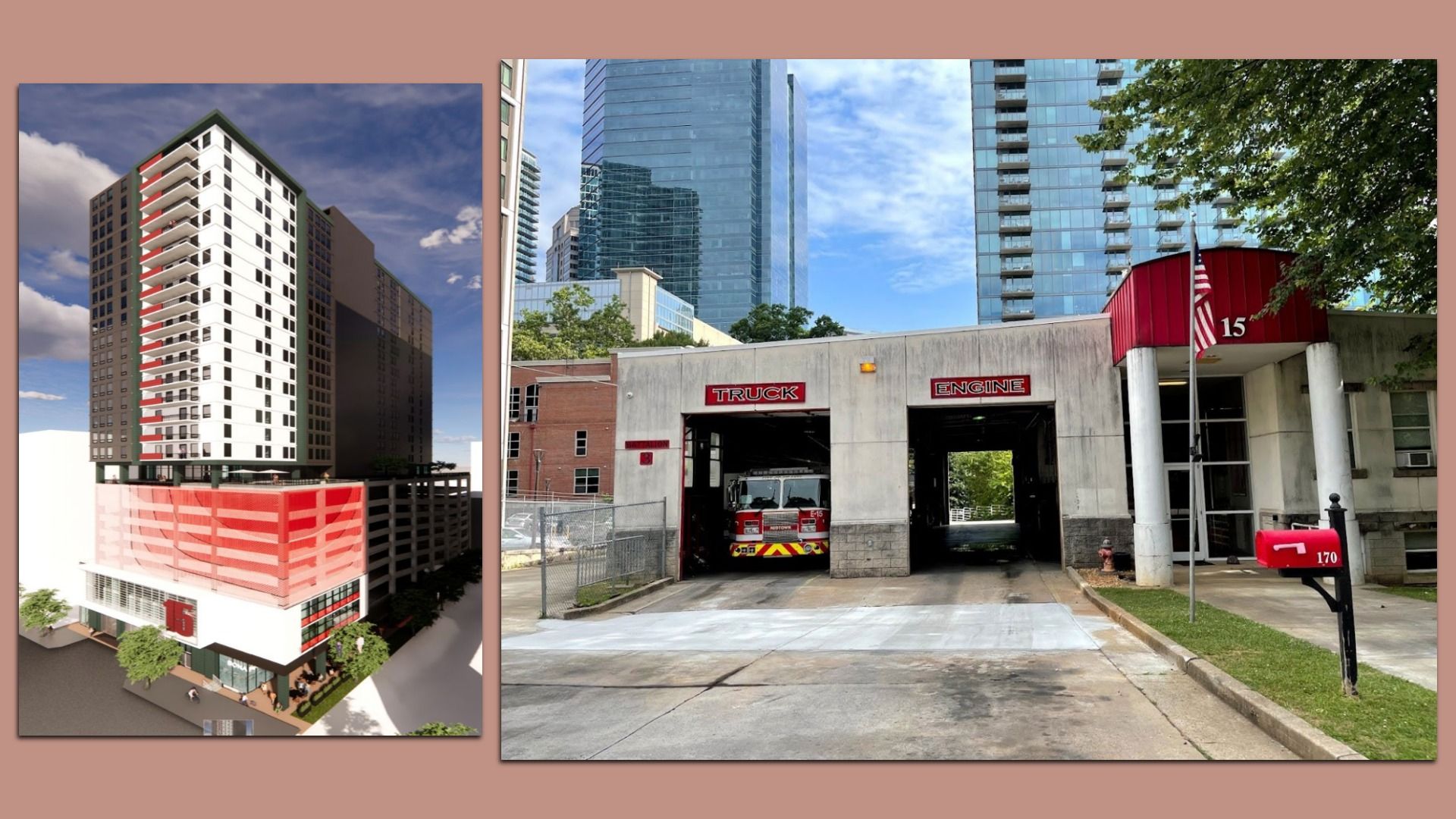 Side-by-side images: left, a tall modern building with red and white accents and number 15; right, a fire station with a truck inside and a red mailbox labeled 170, urban background.