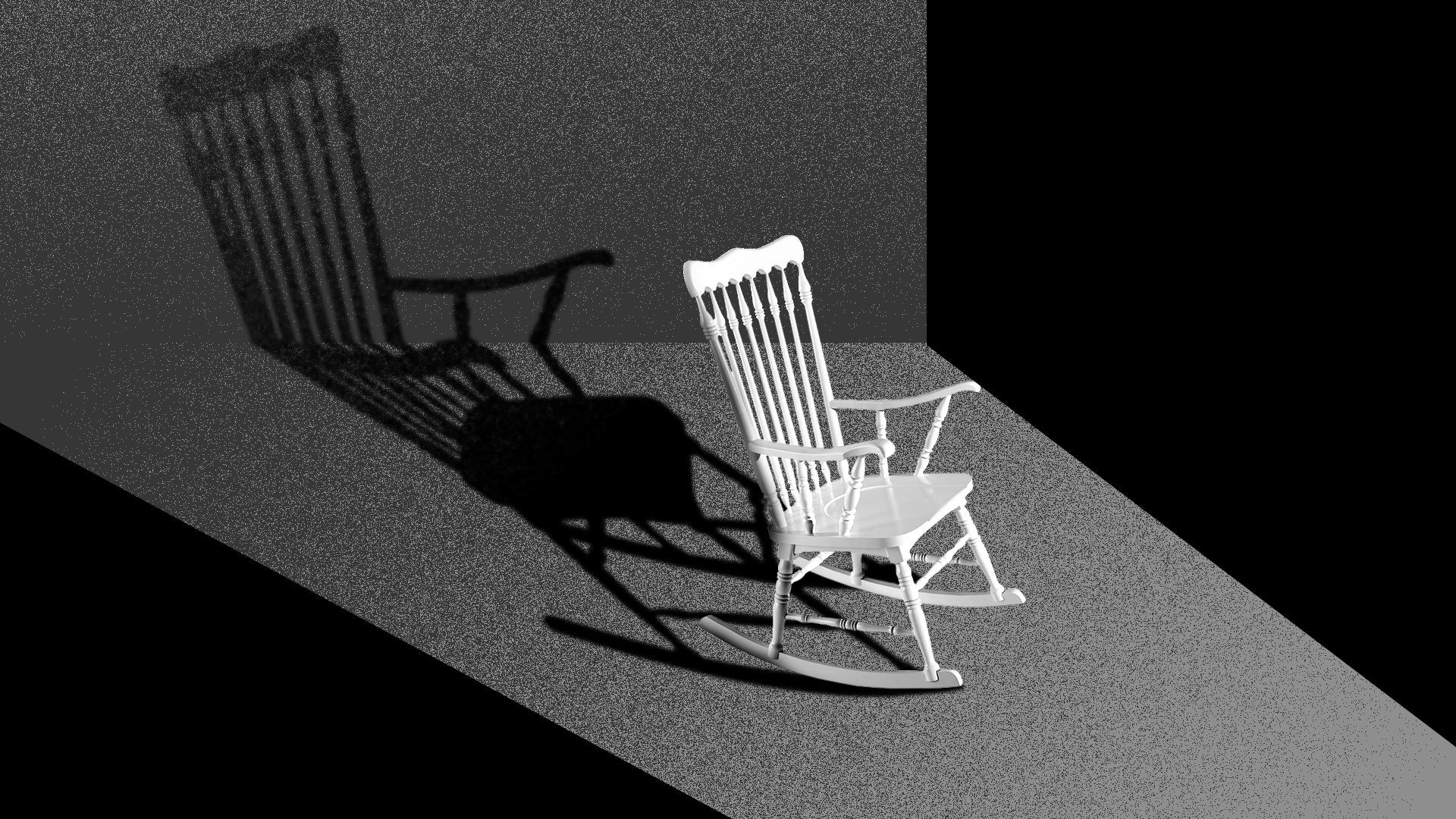 Illustration of a lone rocking chair in a strip of light.