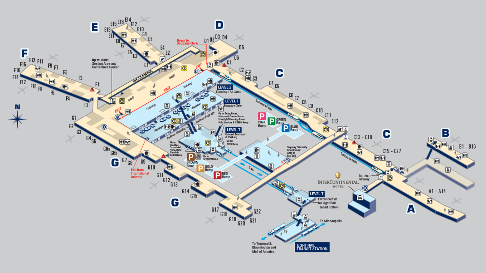 Isometric airport map showing beige concourses labeled A–G with gates and services, blue transit ramps, Level 1–2 areas, P parking icons, and directions to baggage claim and hotel.