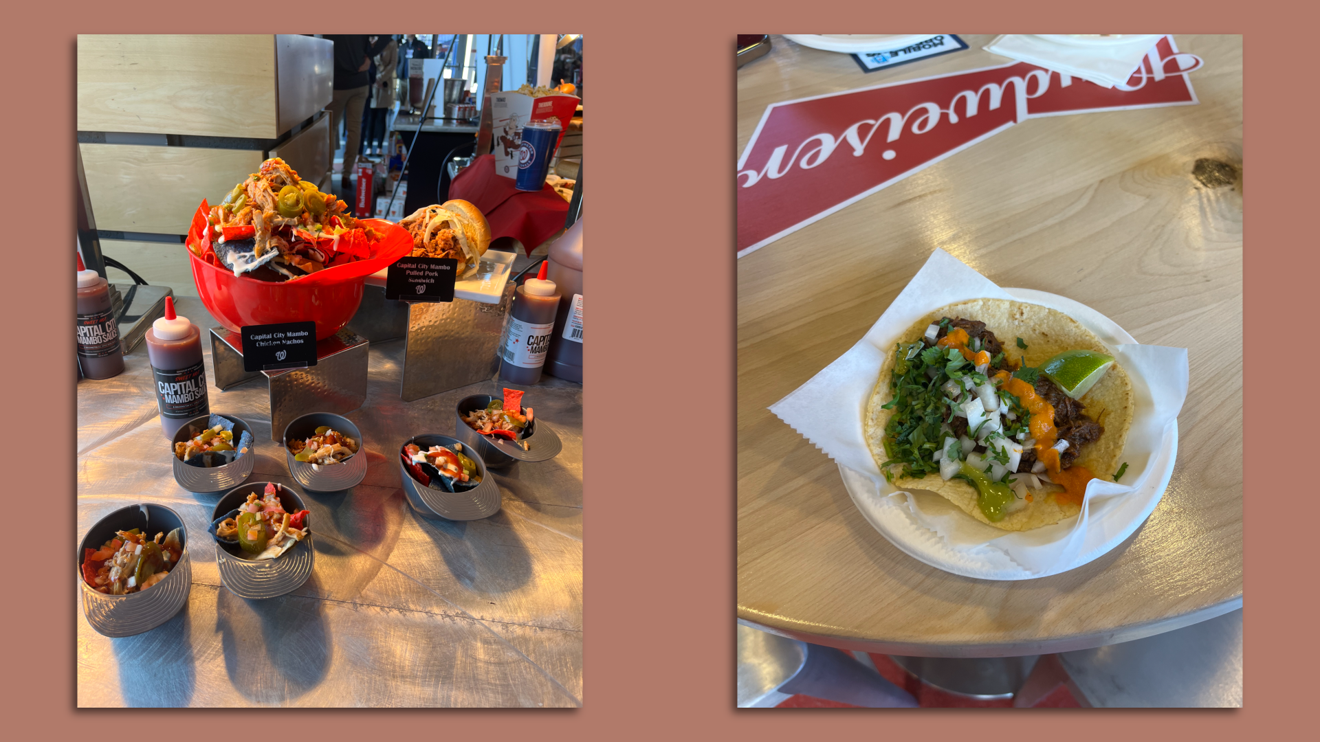 A baseball helmet filled with nachos (left) and barbacoa taco with cilantro and onion