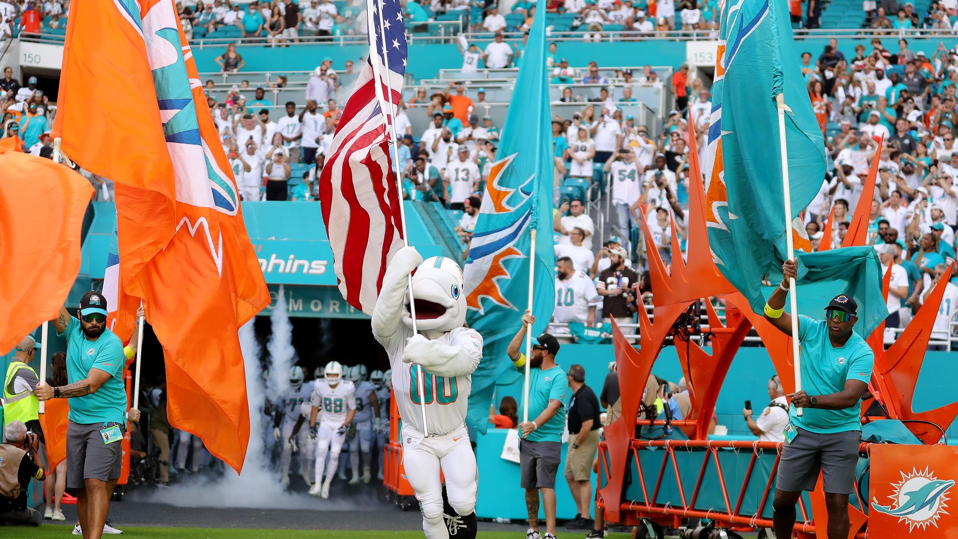 The Miami Dolphins mascot runs onto the field prior to the game against the Cleveland Browns at Hard Rock Stadium on 