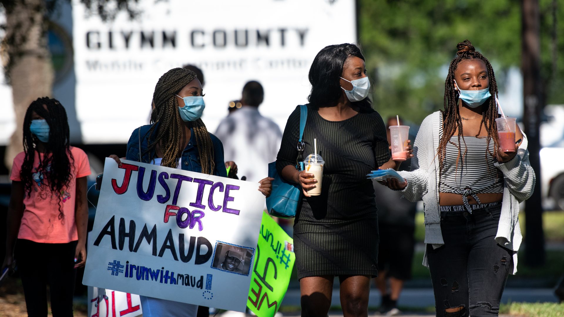 Demonstrators arrive to protest the shooting death of Ahmaud Arbery at the Glynn County Courthouse on May 8, 2020 in Brunswick, Georgia. 