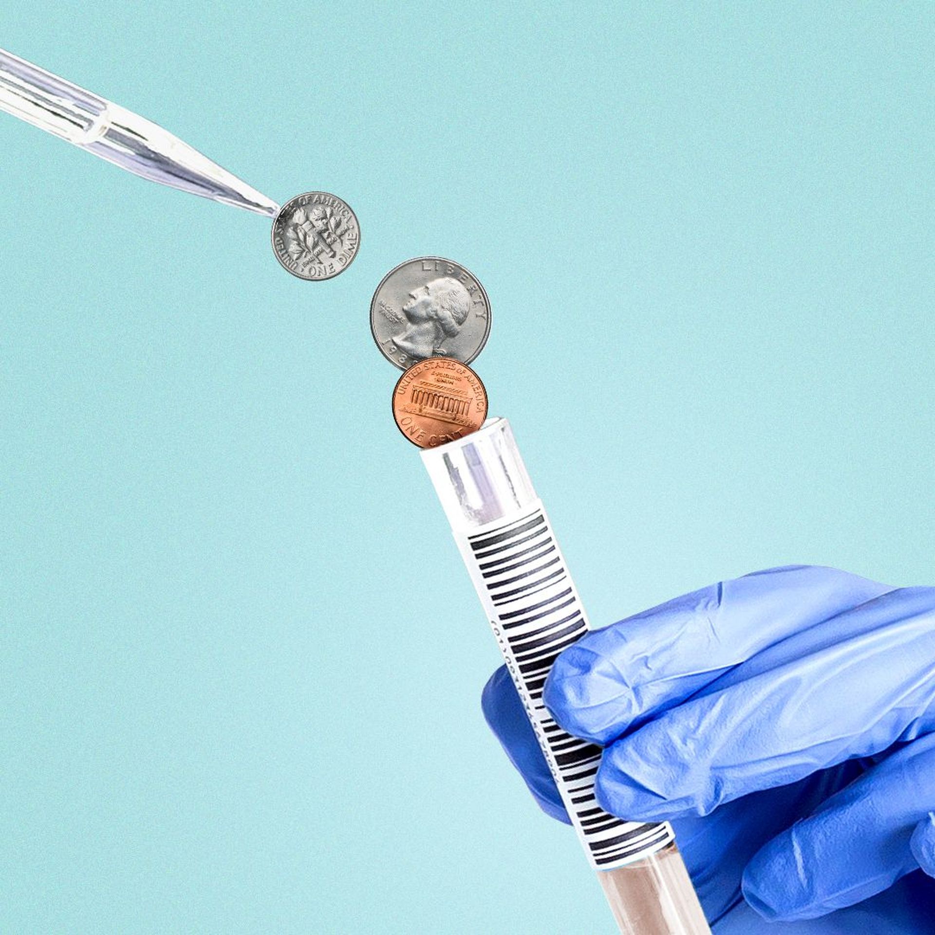 Illustration of a pipette dropping droplets of coins into a test tube.
