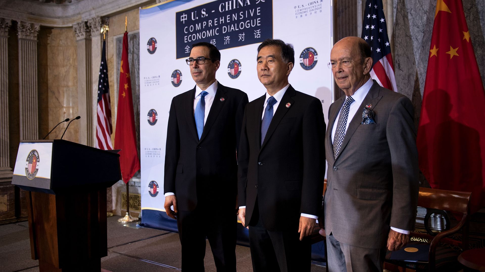 US Secretary of the Treasury Steven Mnuchin, Chinese Vice Premier Wang Yang and US Secretary of Commerce Wilbur Ross pose for a photo