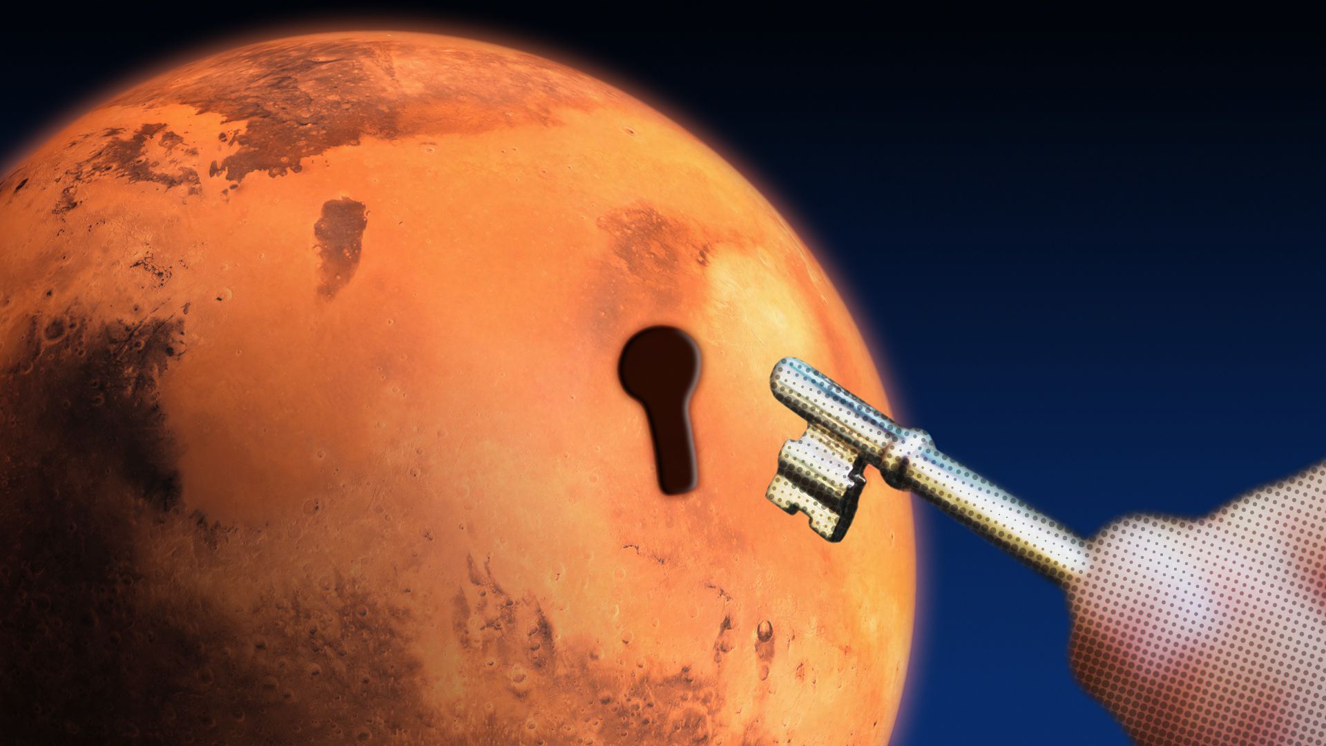 Hand holding key toward keyhole in the planet Mars.