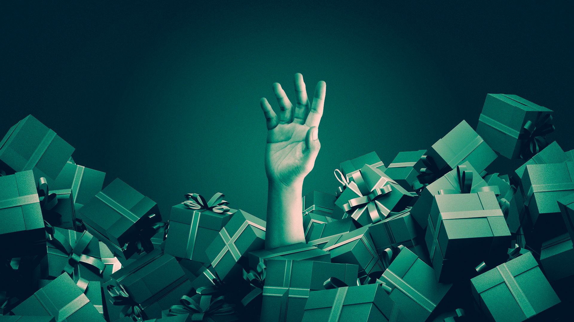 Illustration of a hand reaching out of a pile of gifts.