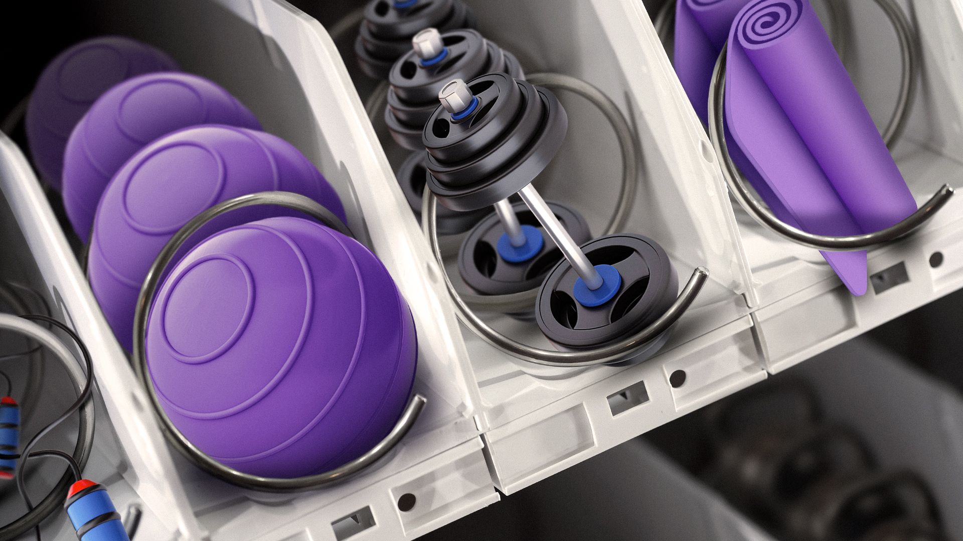 Illustration of different types of gym and workout equipment in a vending machine.
