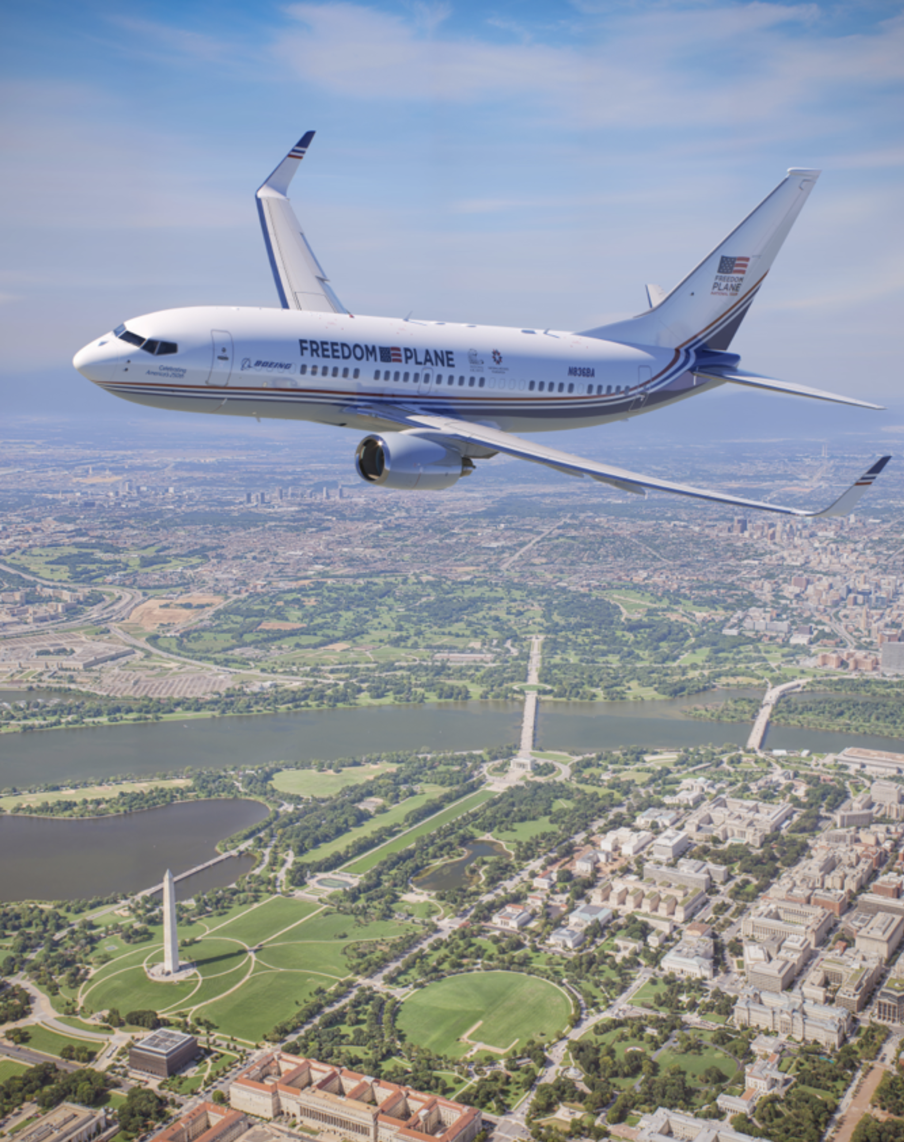 A rendering of the "Freedom Plane" flying over Washington, D.C.
