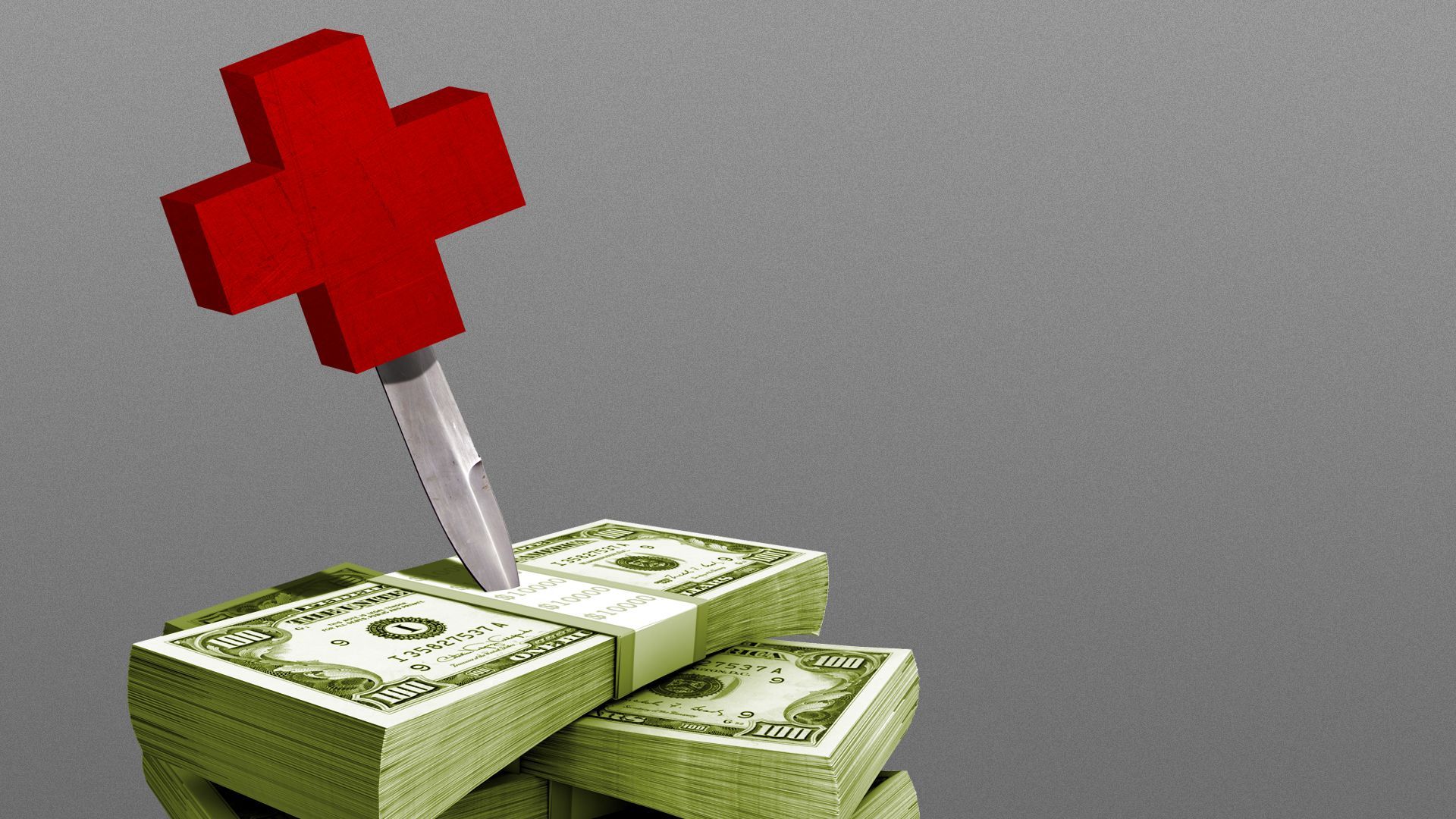 Illustration of a knife with a red cross handled in a stack of money