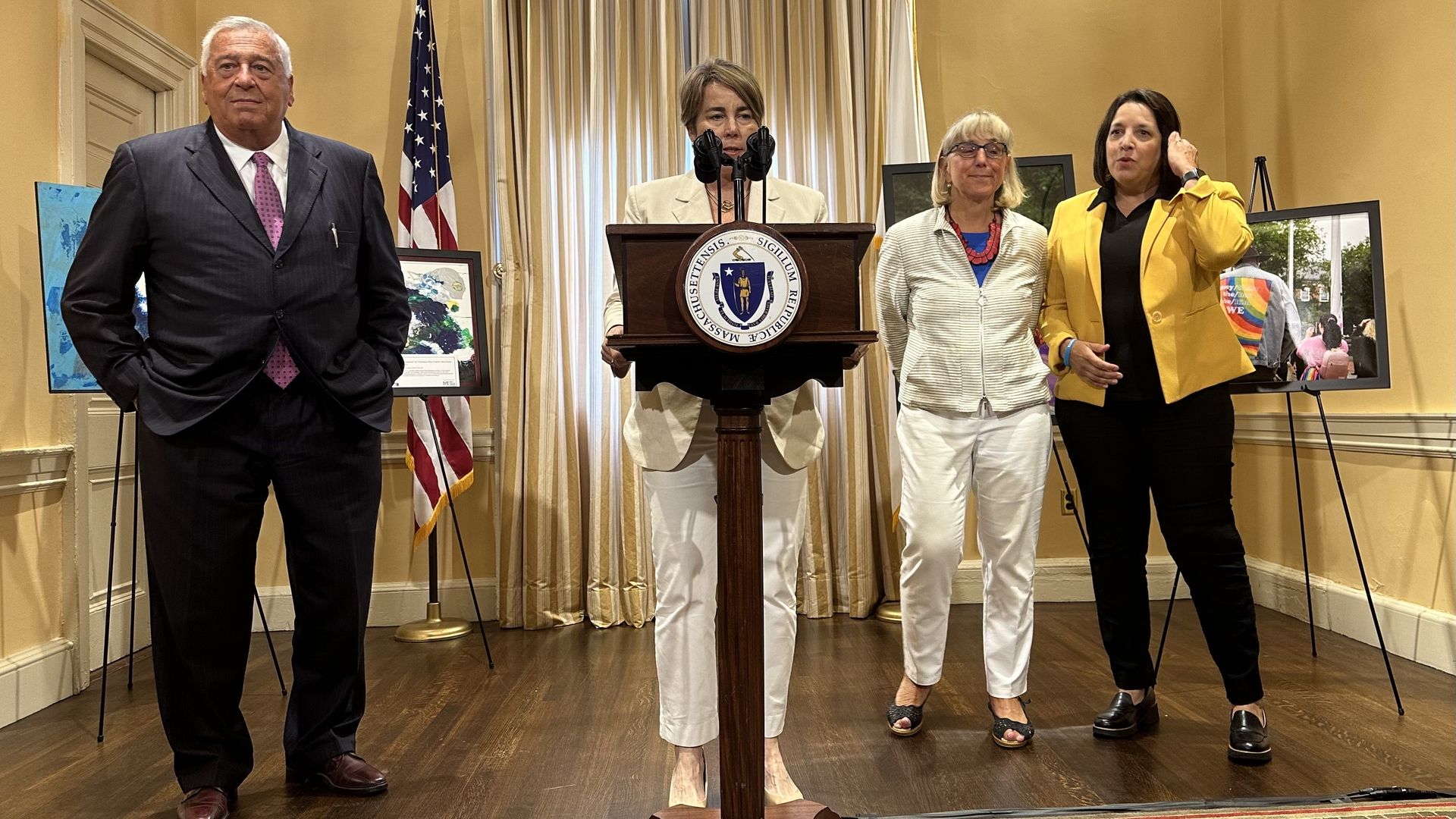 Gov. Maura Healey, center, stands alongside House Speaker Ron Mariano, left, Senate President Karen Spilka, center right, and Lt. Gov. Kim Driscoll, far right outside Healey's office. 