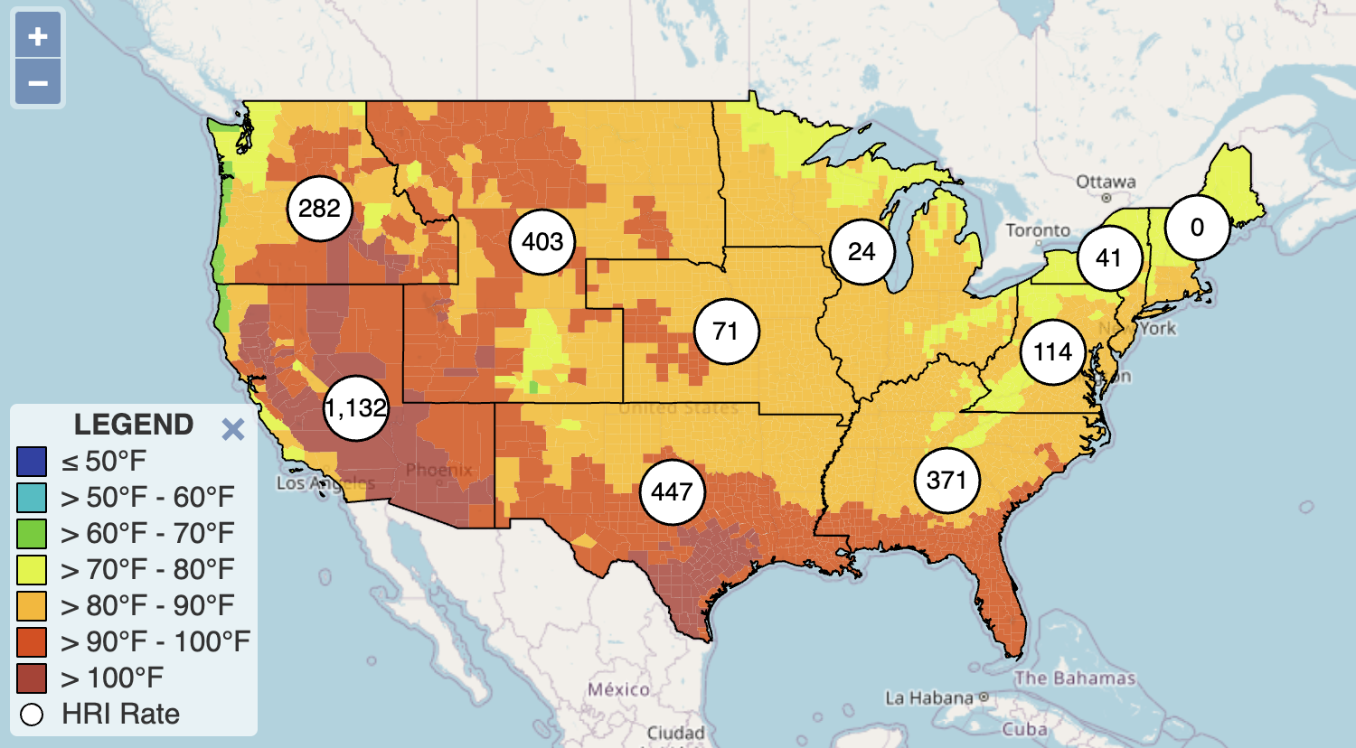 A Heat-Related Illness and Temperature map showing the rate of emergency department visits associated with heat-related illness per 100,000 by region on Sunday.