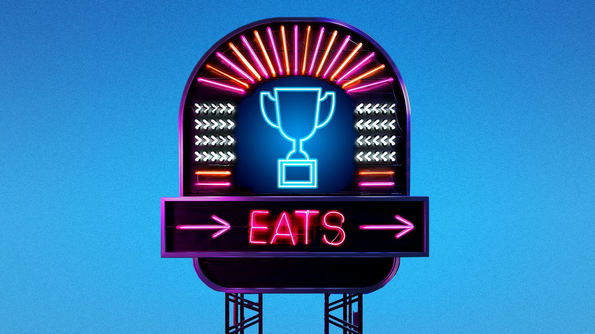 Illustration of a large neon restaurant sign showing a trophy symbol and the word "EATS"