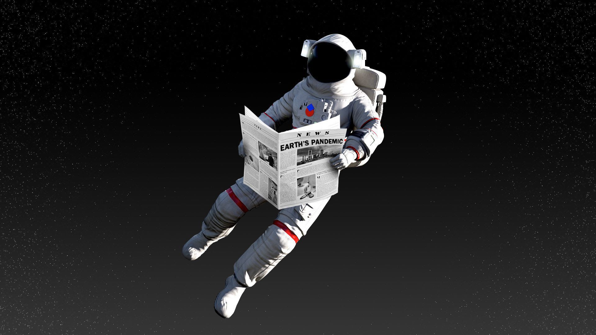 Illustration of a space man reading the newspaper in space