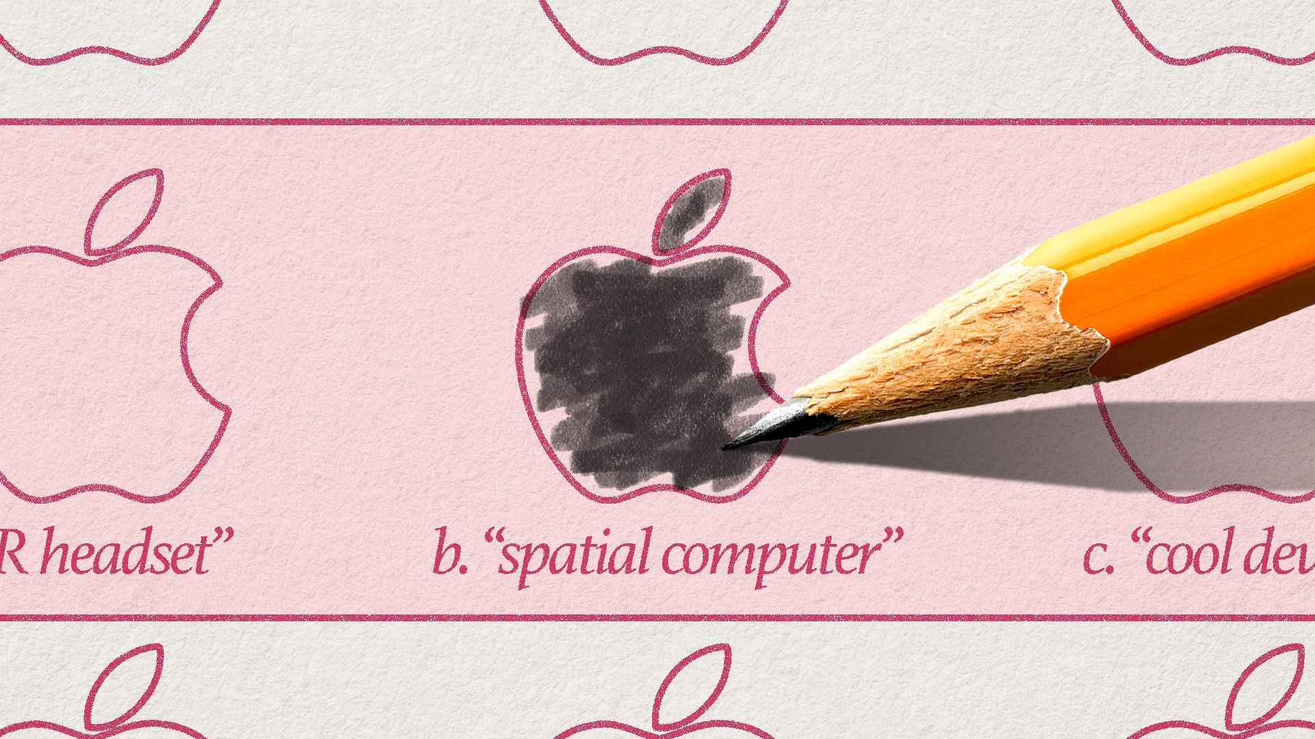 Illustration of a standardized test with apple logos for circles with the middle one that reads: b. "spatial computer" being filled in by a pencil