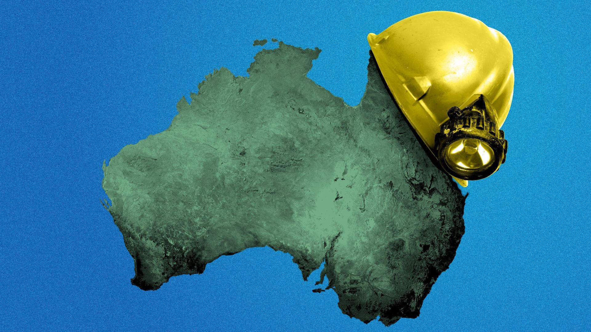 Illustration of Australia with a miner's helmet hanging off the northeastern part.