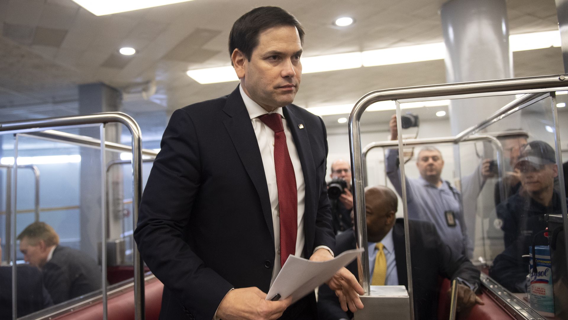 Sen. Marco Rubio, R-Fla., exits a subway cart in the Senate subway