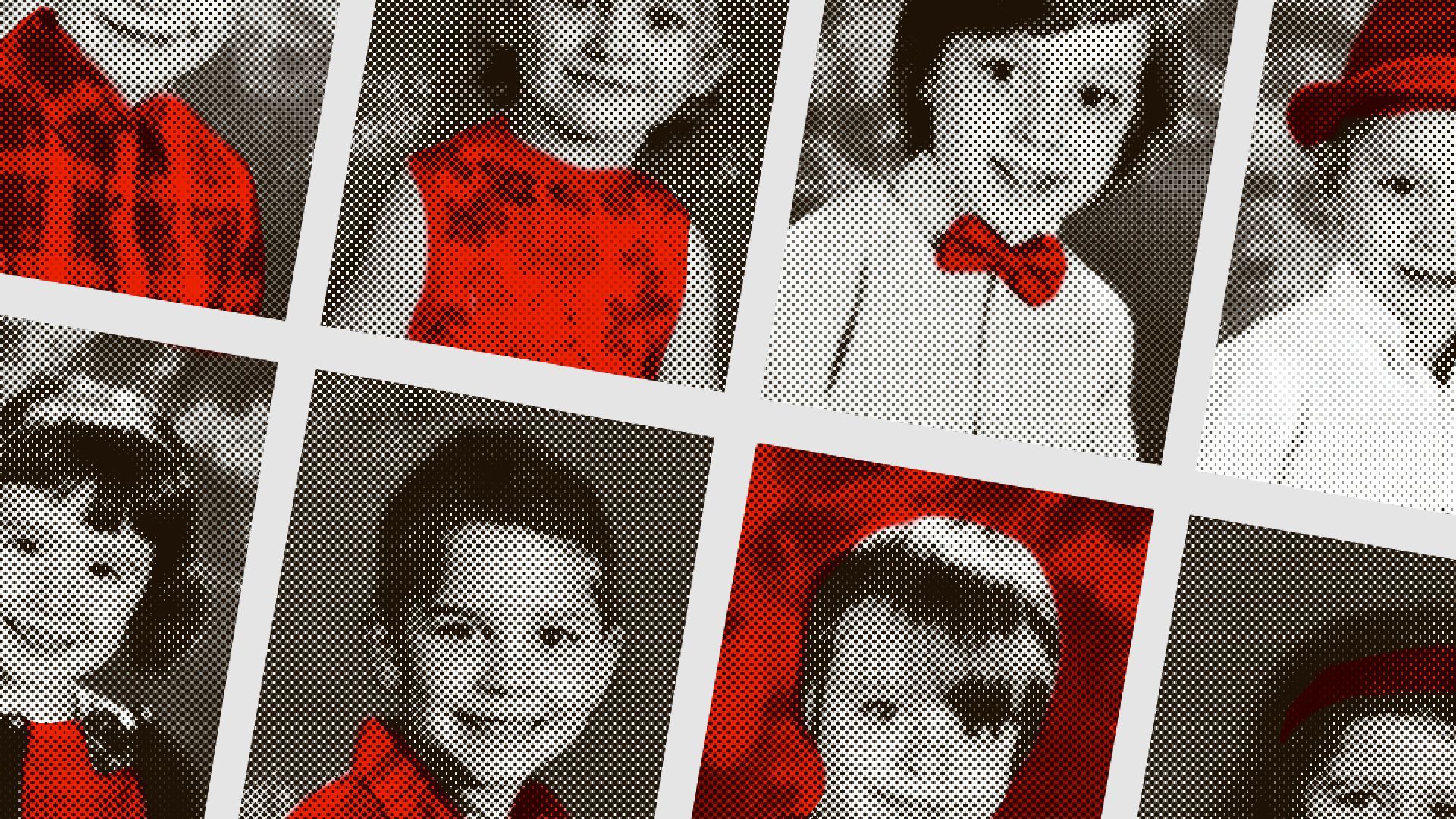 Illustration of a yearbook photo with kids wearing a lot of red and a red background in some photos.
