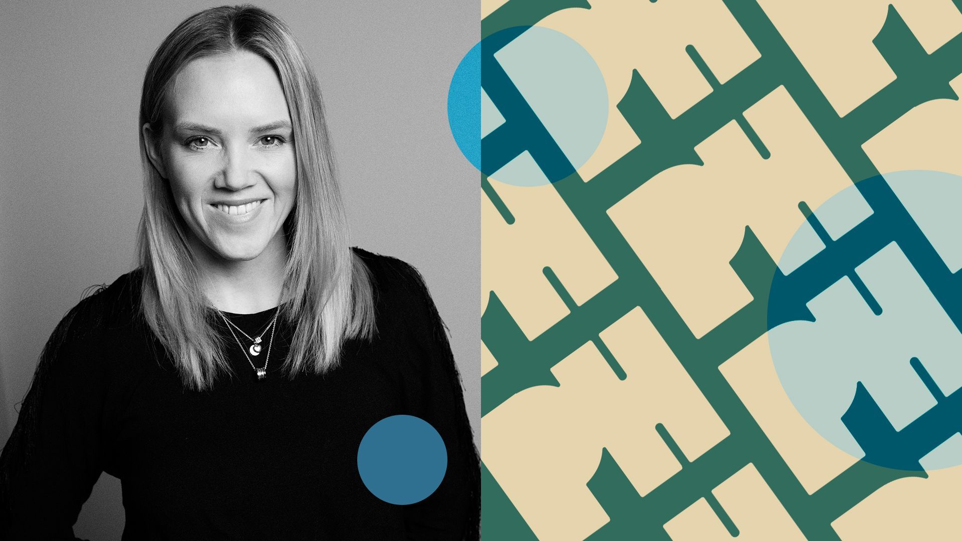 Photo illustration collage of Kim Nyström with abstract shapes and the Pophouse logo.