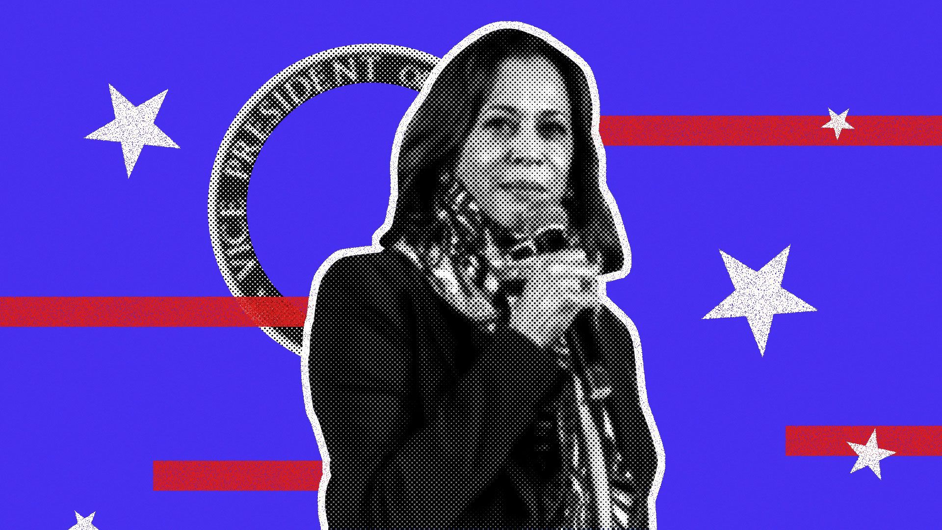 Photo illustration of Kamala Harris with a vice presidential seal, stars, and stripes