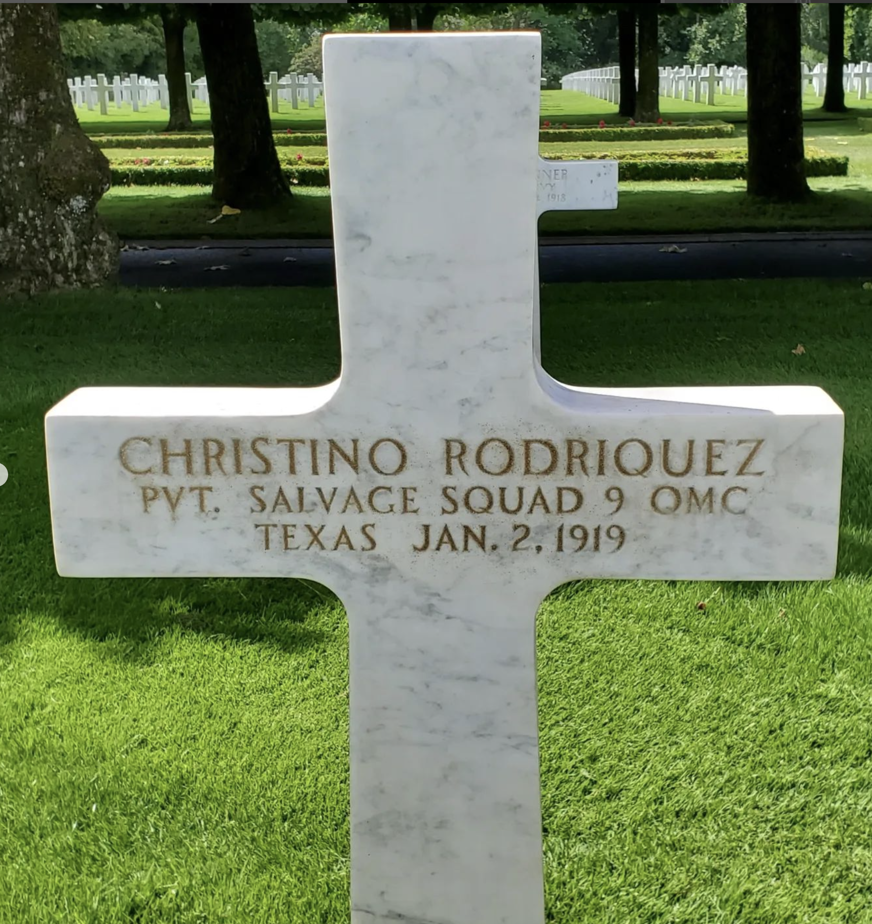 The resting place of Crispin Rodriguez, a Mexican American soldier who died while serving in the U.S. Army during WWI, at cemetery in Thiaucourt-Regniéville, France. His name was mispelled.