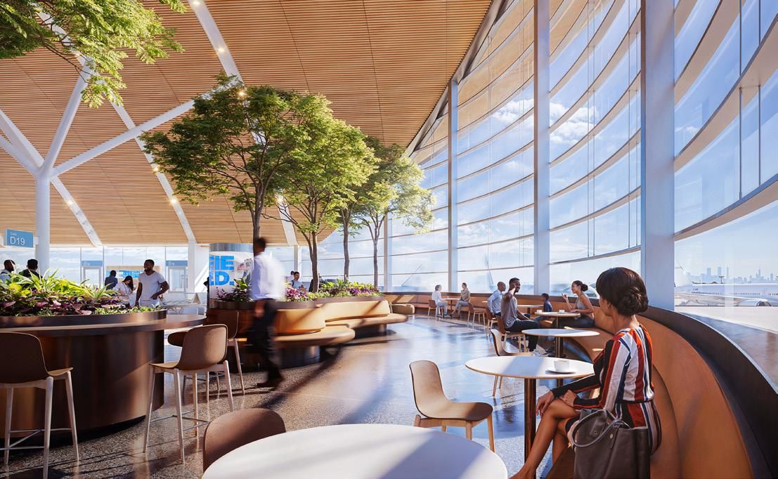 Bright airport lounge with large curved windows, wooden ceiling, green indoor trees, people sitting and walking, and an airplane visible outside.