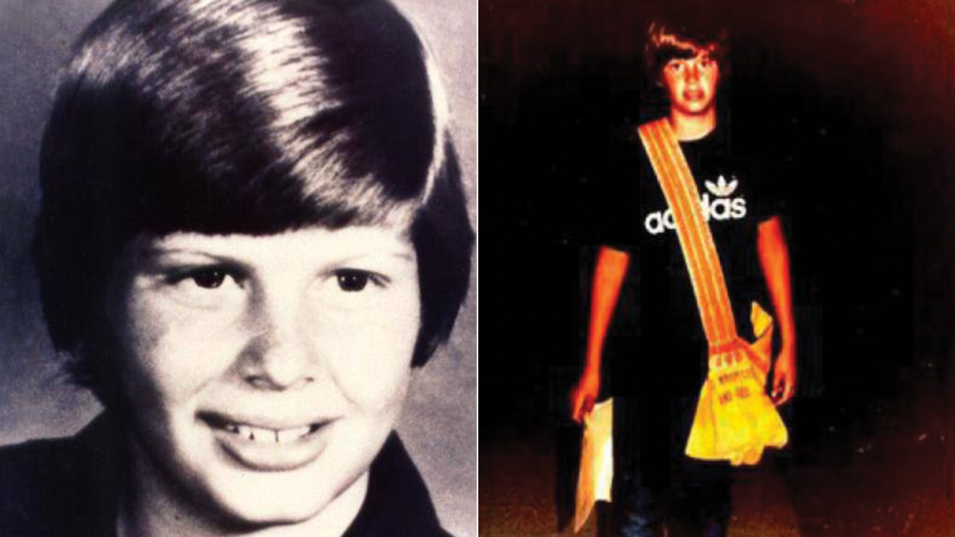 A school photo of Johnny Gosch (left) and Johnny Gosch delivering a newspaper (right)