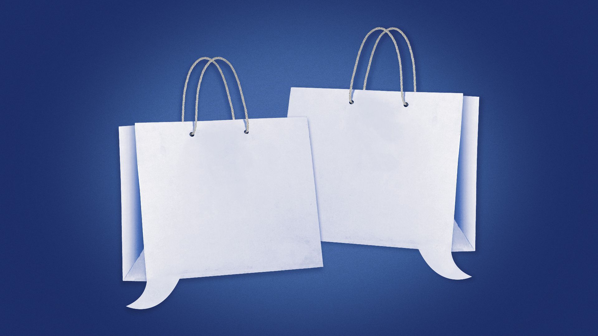 Illustration of two speech bubbles in the shape of shopping bags.