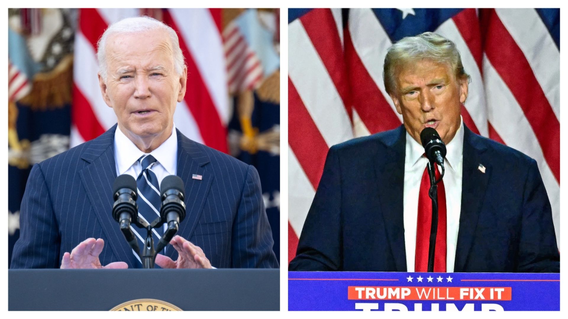 Pictured from left to right is President Biden addressing the nation from the Rose Garden of the White House on Nov. 7, 2024, and President-elect Trump on election night 