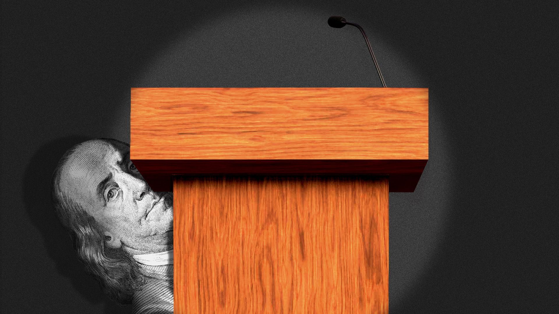 Illustration of Ben Franklin from a hundred dollar bill peeking out behind a podium with a spotlight on it