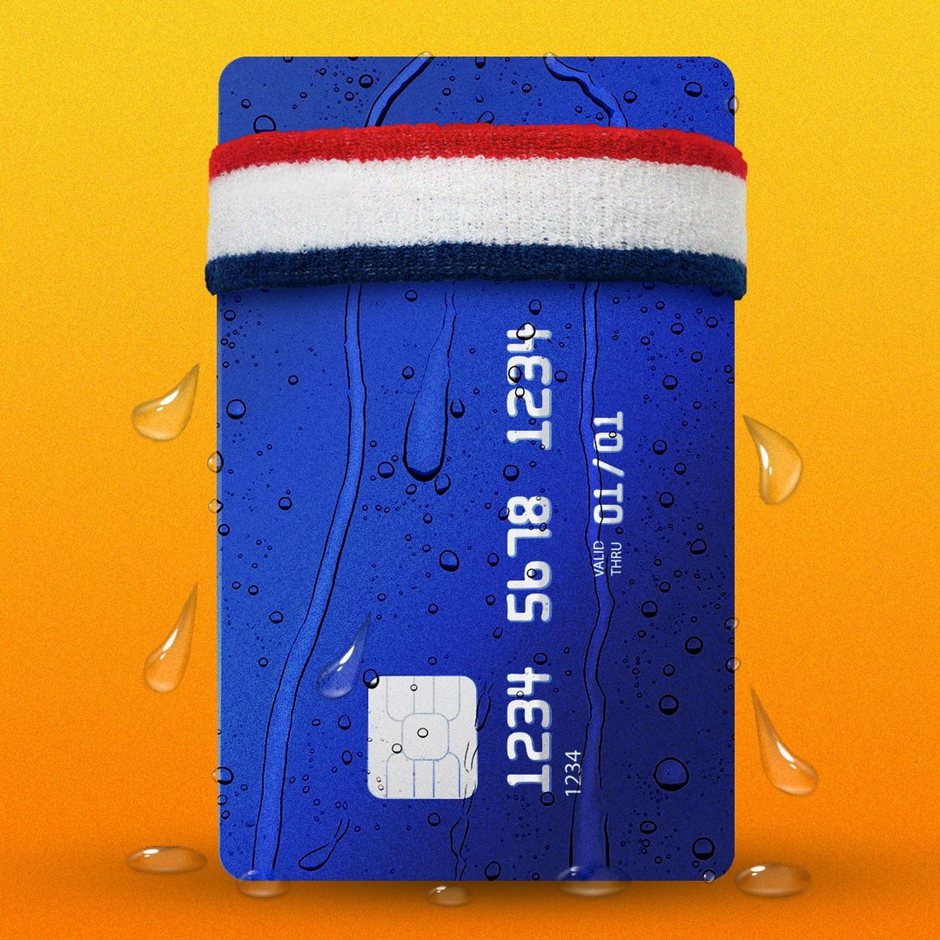 Illustration of a credit card wearing a sweatband and dripping sweat.