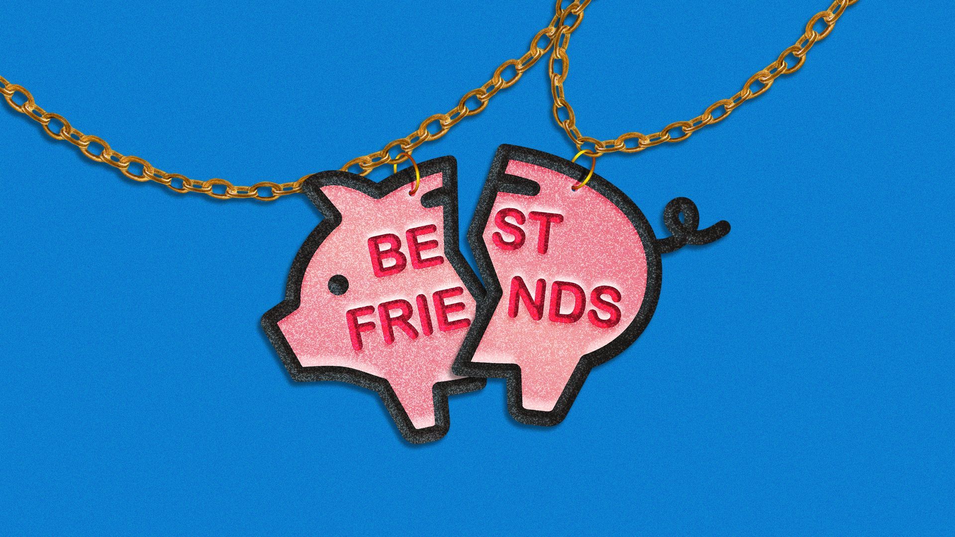 Illustration of a friendship necklace, but instead of a heart, it's a piggy bank.