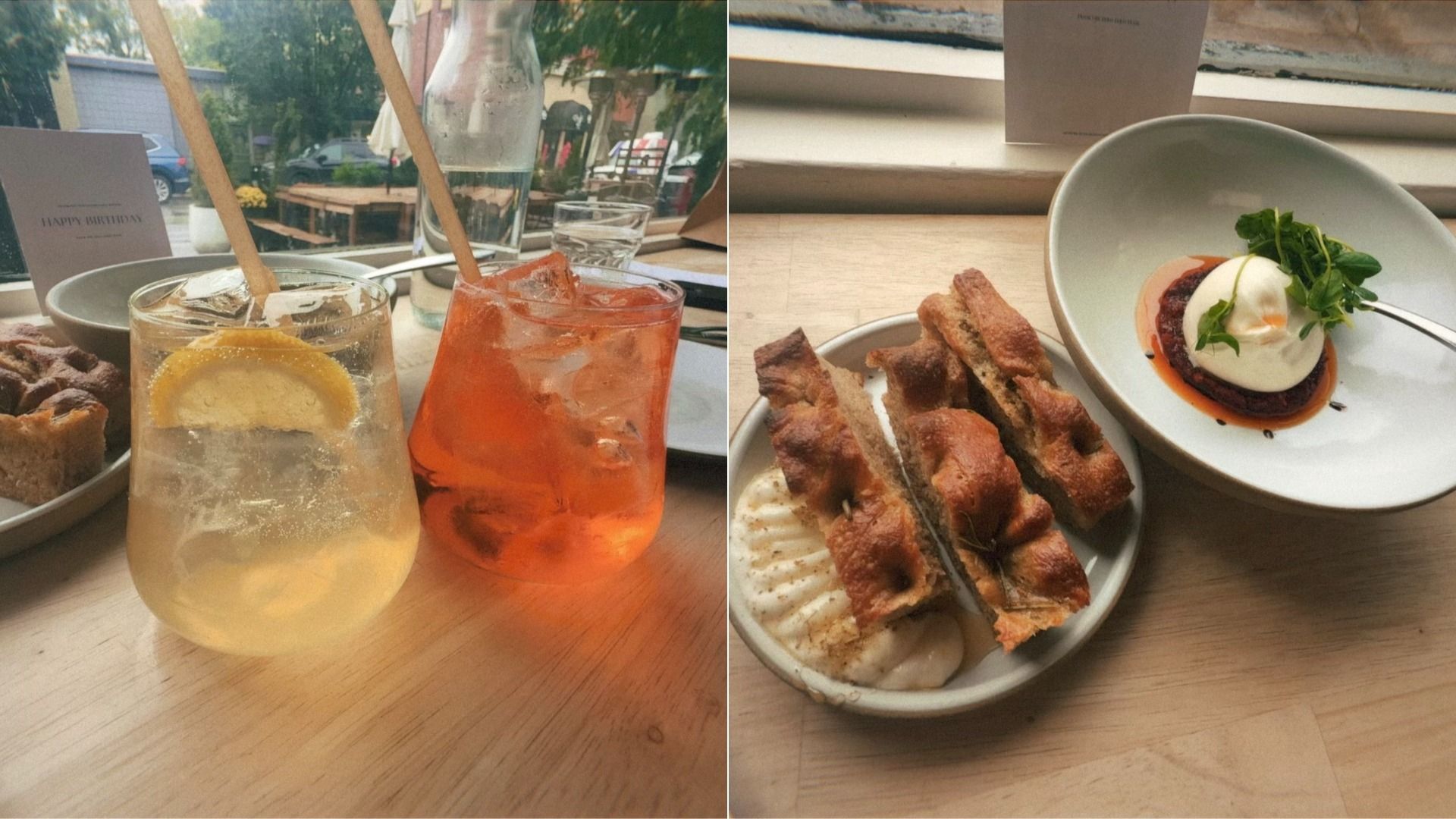 Split image of a dining table: left shows two iced drinks (lemon and orange) with bread; right features a plated dessert with a white dome, orange sauce, greens, and a bowl of toasted bread.
