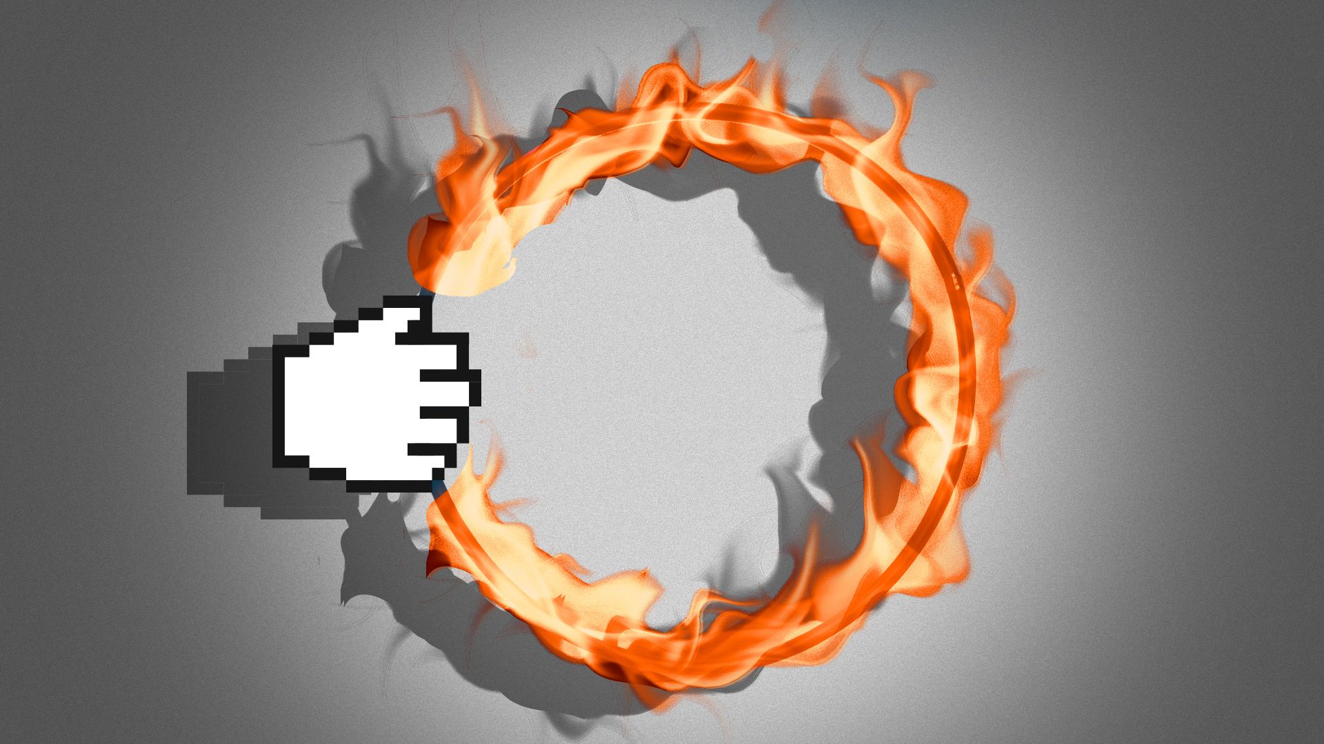Illustration of a cursor hand holding a hoop of fire. 