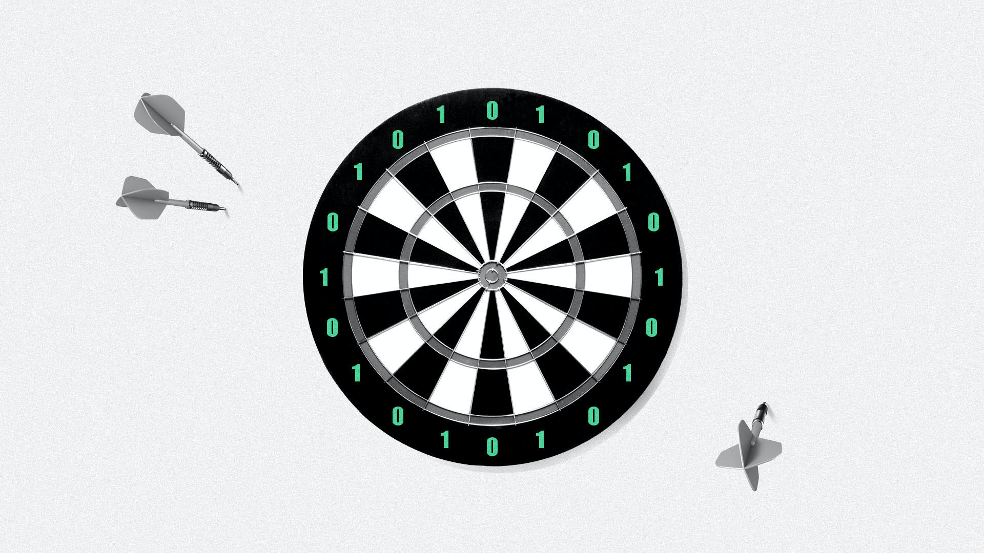 Illustration of a dart board with 1’s and 0’s. The darts have landed off the board.