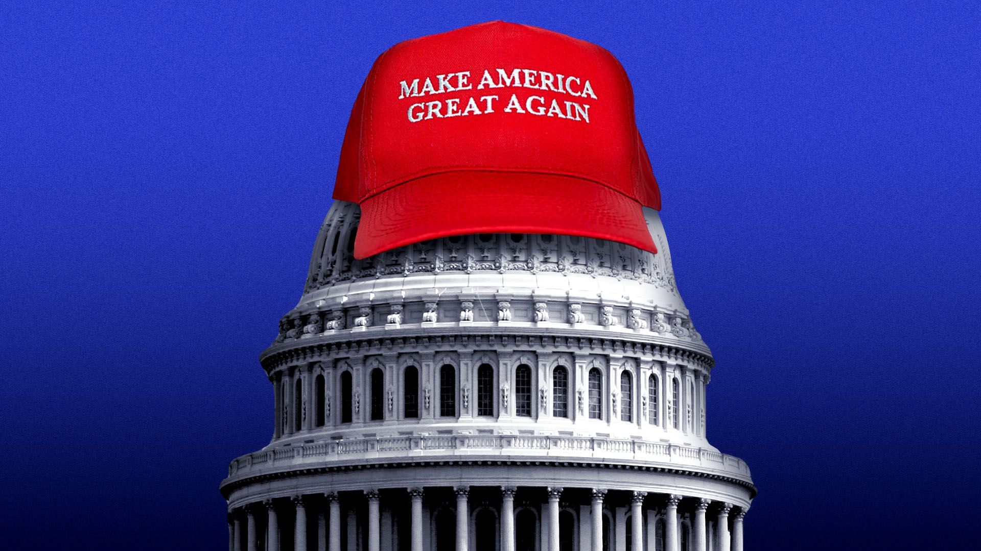 Illustration of the US Capitol building wearing a MAGA hat.