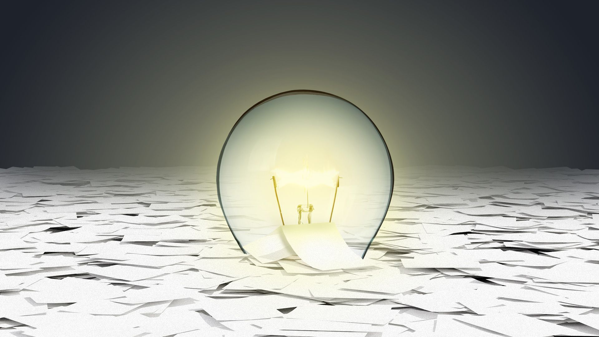 Illustration of a lightbulb being buried in a sea of paper.  