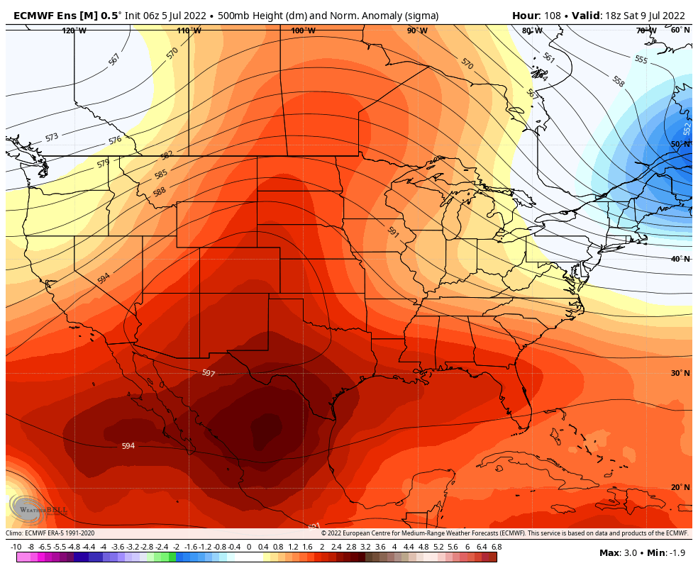 Heat dome shown over the Plains and West during the second weekend of July.